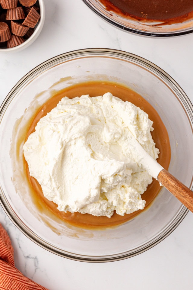 overhead view of whipped cream added to peanut butter ice cream base