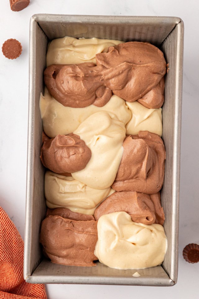 overhead view of chocolate and peanut butter ice creams in a metal loaf pan
