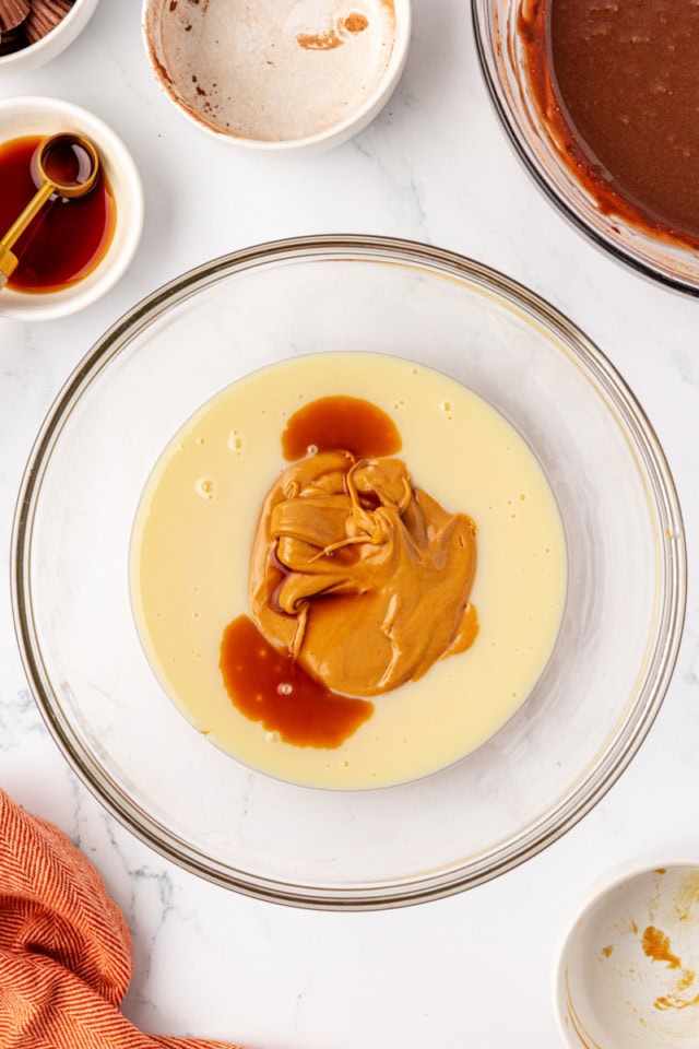 overhead view of sweetened condensed milk, peanut butter, and vanilla extract in a glass mixing bowl