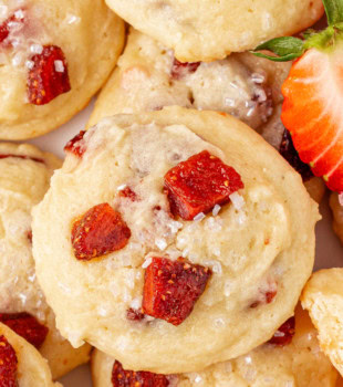 overhead close-up view of several strawberry cream cheese cookies
