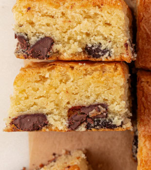 overhead view of two white chocolate brownies on their sides