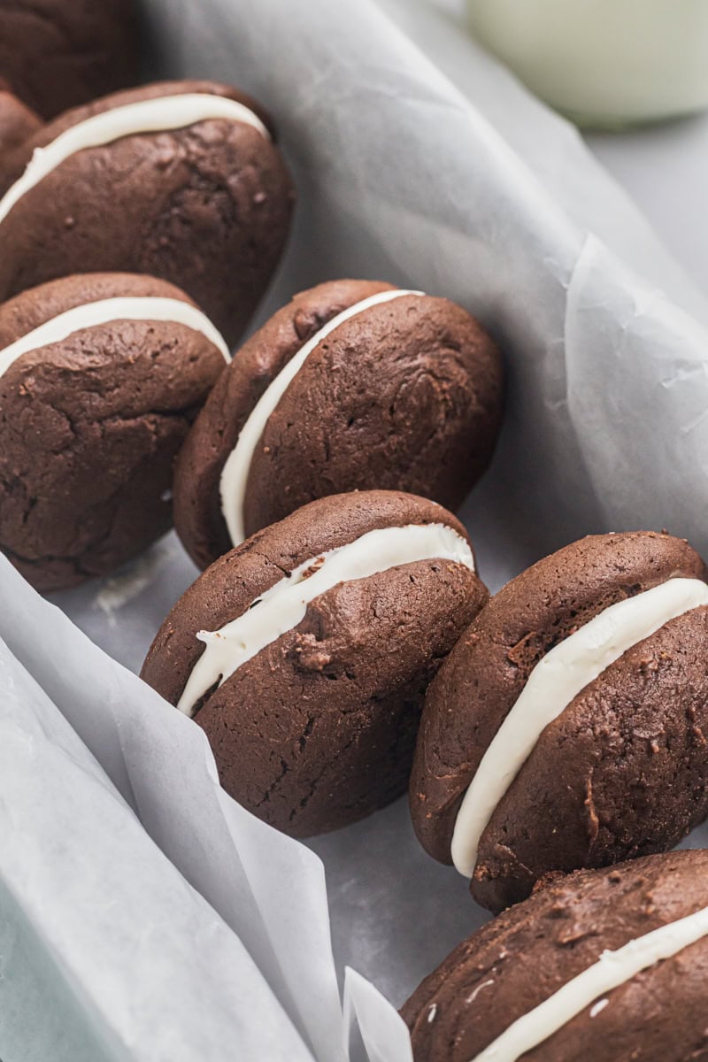 whoopie pies in a parchment-lined pan
