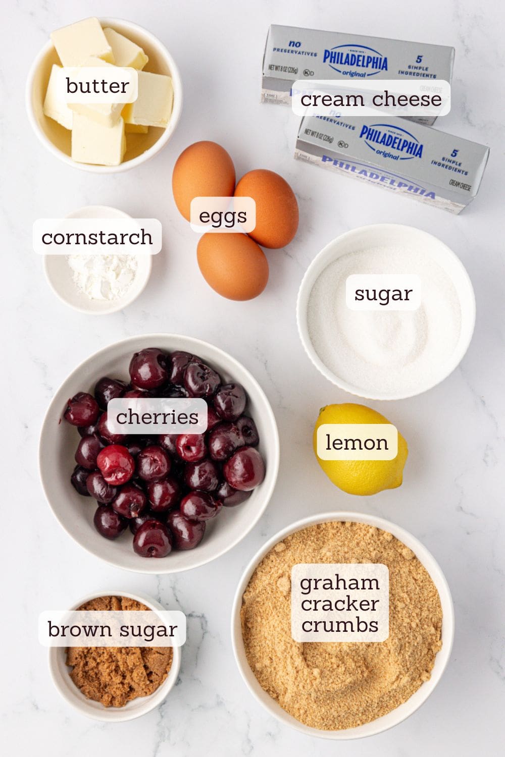 overhead view of ingredients for cherry cheesecake bars