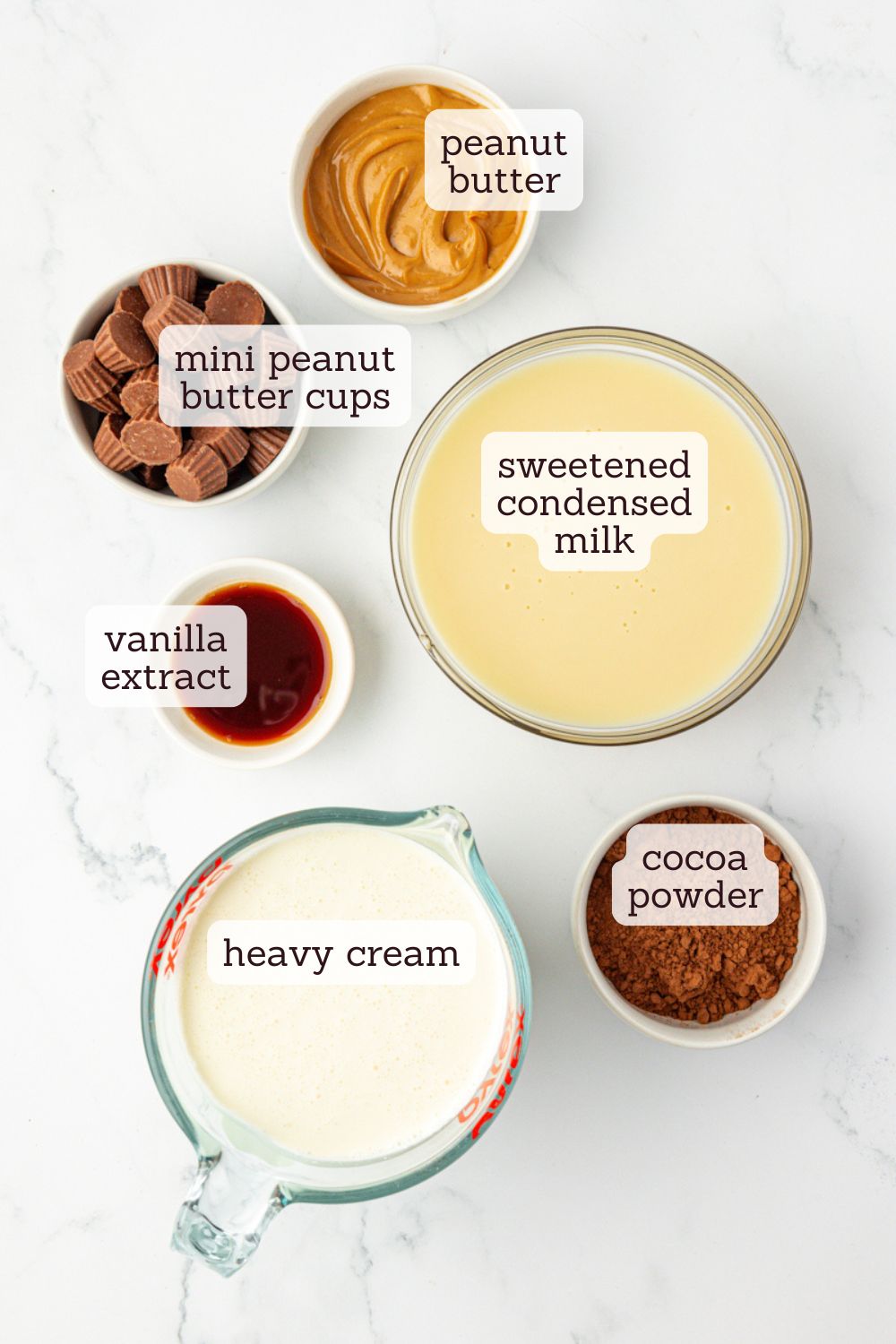 overhead view of ingredients for no-churn chocolate peanut butter ice cream