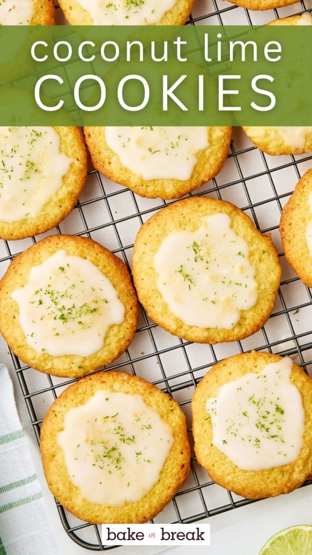 overhead view of coconut lime cookies on a wire rack; text overlay "coconut lime cookies"