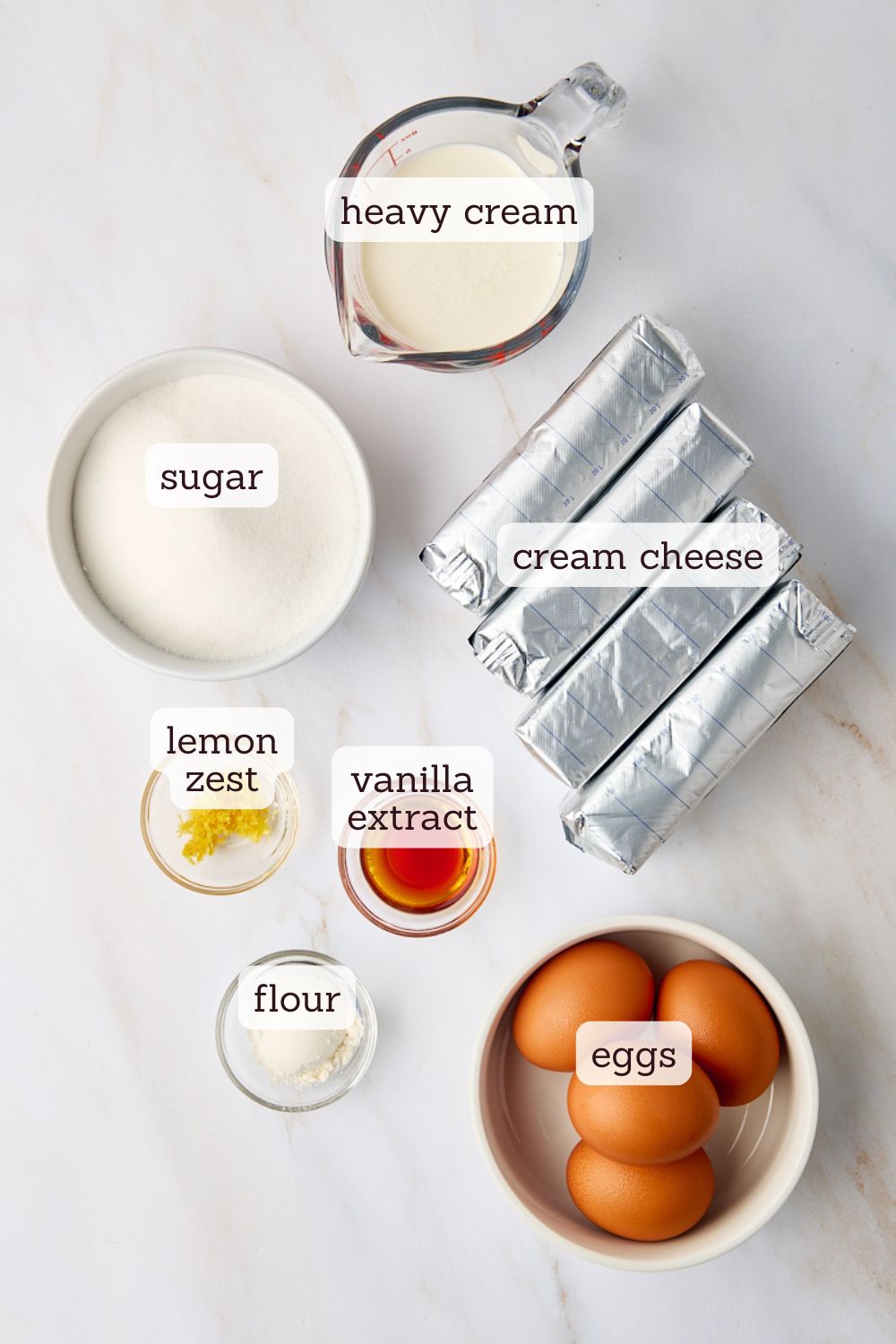 overhead view of ingredients for New York cheesecake