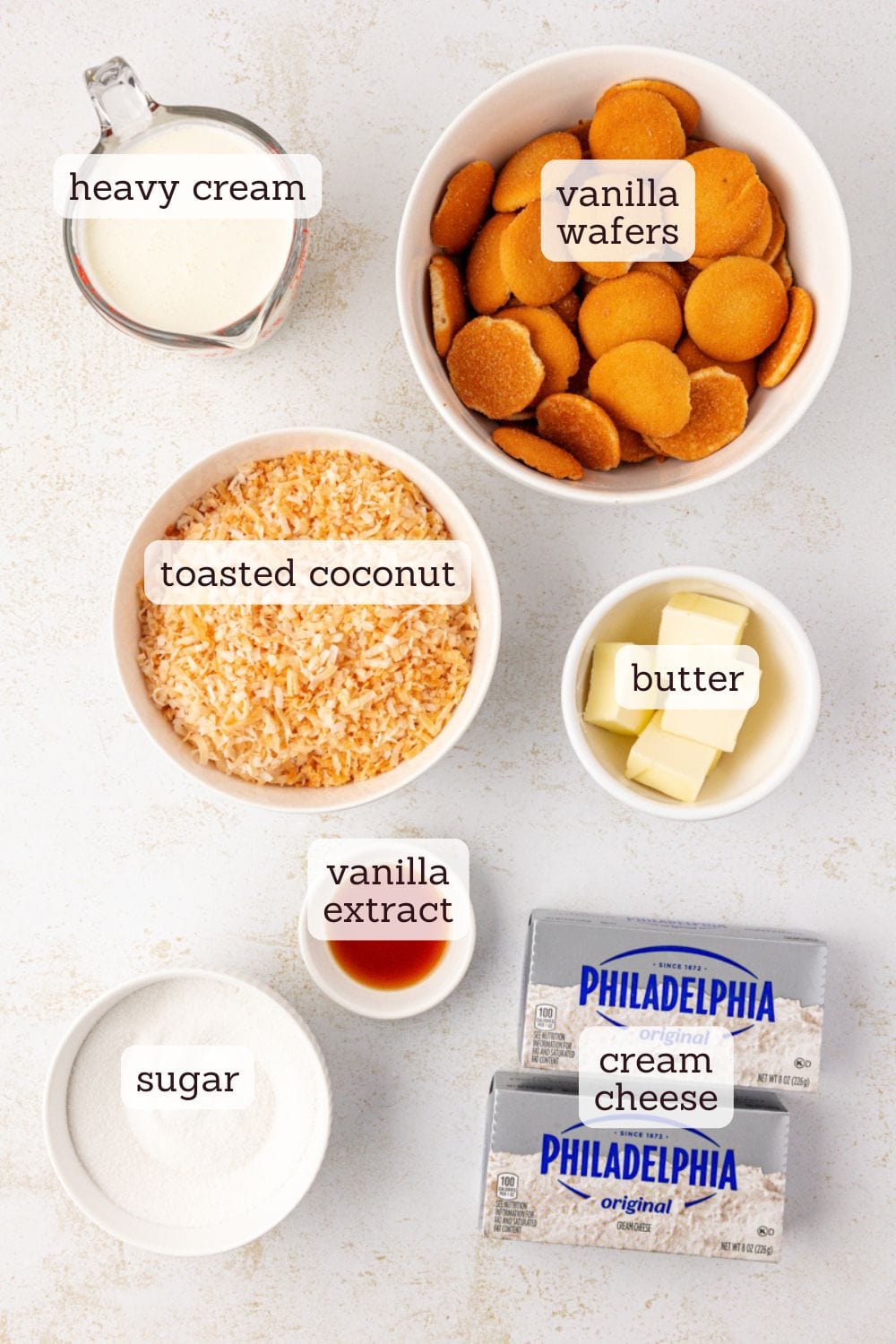overhead view of ingredients for no-bake coconut cheesecake