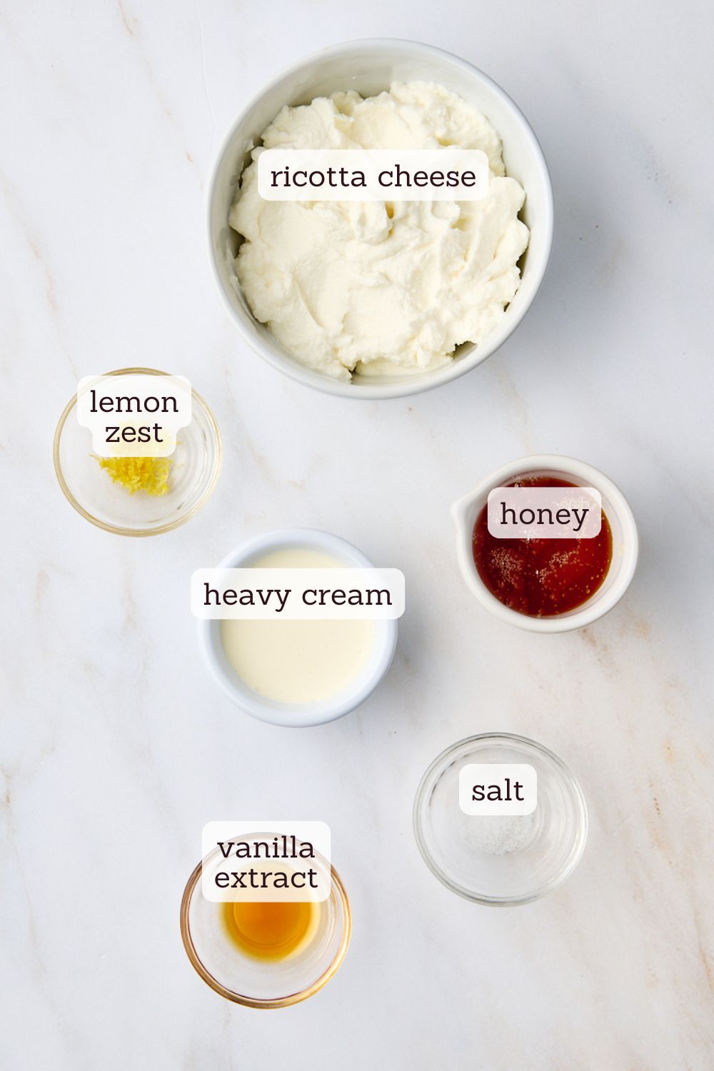overhead view of ingredients for ricotta mousse