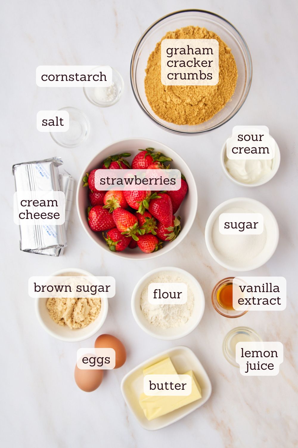 overhead view of ingredients for strawberry cheesecake bars