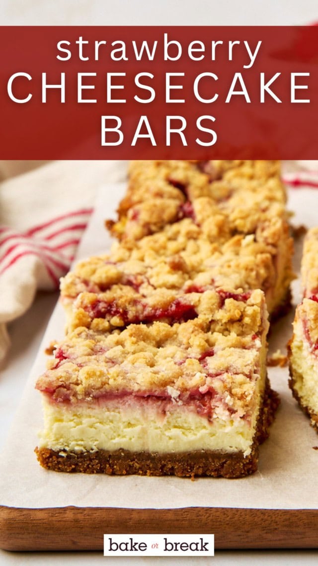 a strawberry cheesecake bar on parchment paper with more bars surrounding; text overlay "strawberry cheesecake bars"