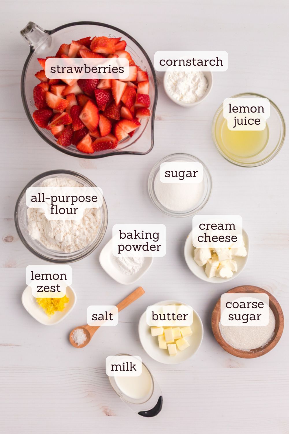 overhead view of ingredients for strawberry cobbler