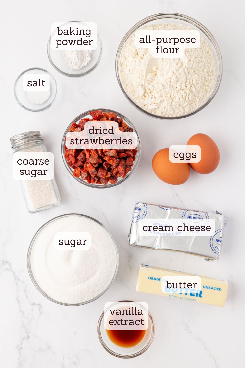overhead view of ingredients for strawberry cream cheese cookies