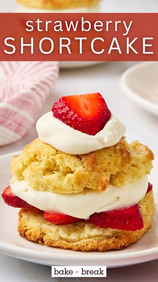 a strawberry shortcake on a white plate with text overlay "strawberry shortcake"