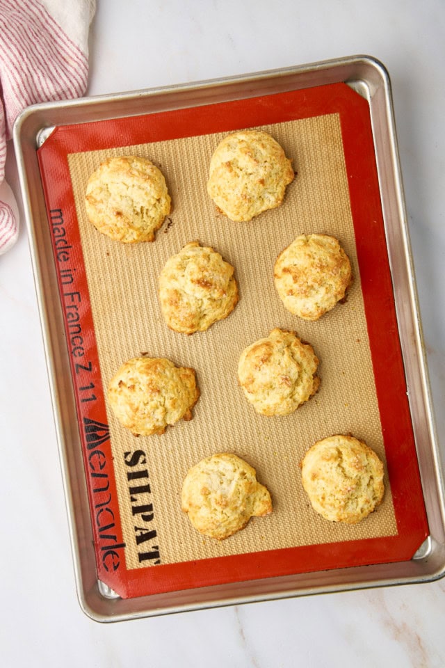 overhead view of freshly baked biscuits for strawberry shortcake