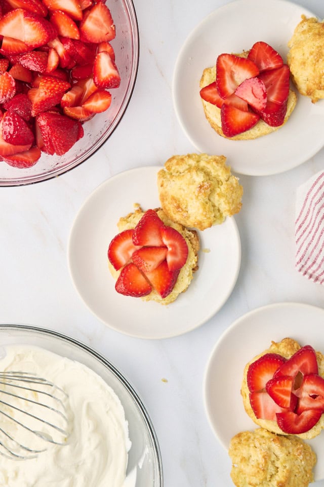 overhead view of strawberry shortcake components being assembled