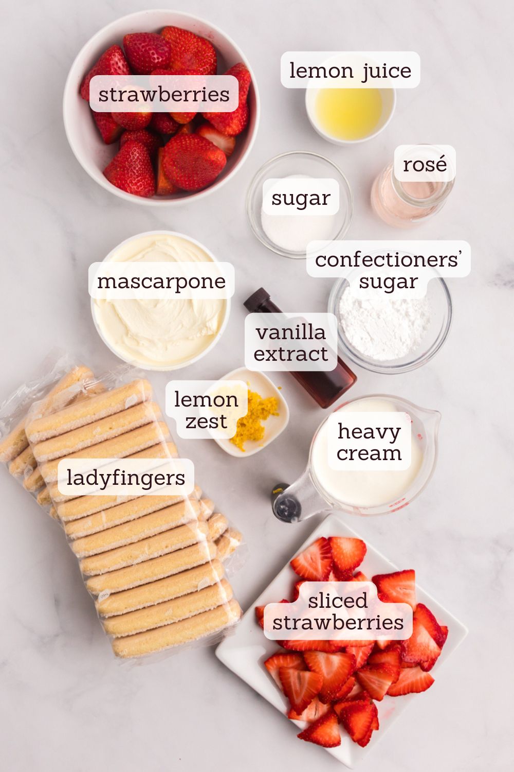 overhead view of ingredients for strawberry tiramisu