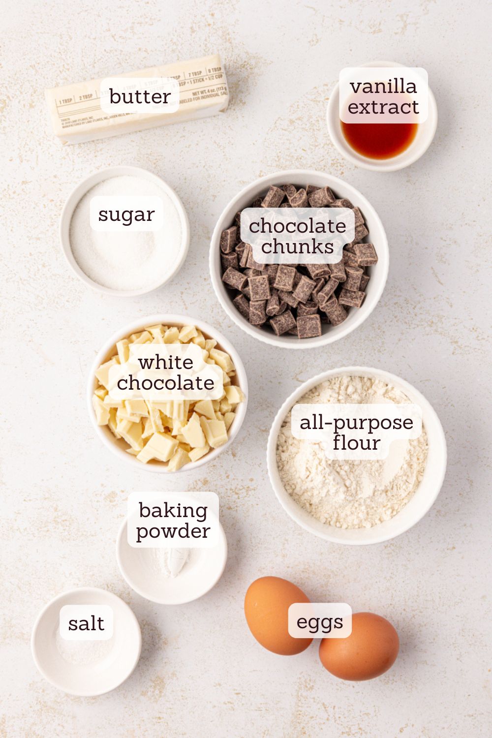 overhead view of ingredients for white chocolate brownies