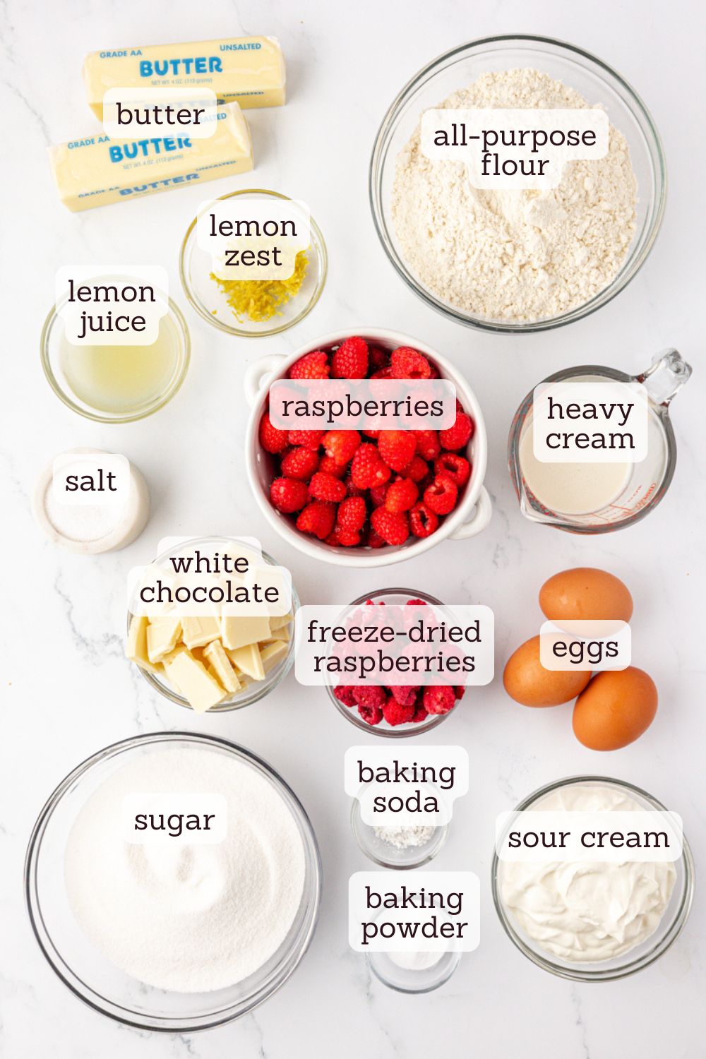 overhead view of ingredients for white chocolate raspberry Bundt cake