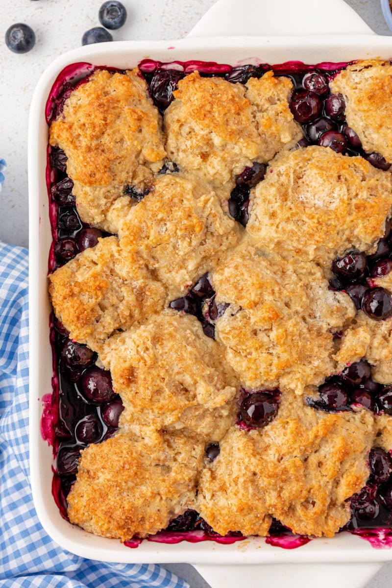 close-up view of freshly baked blueberry cobbler in a white baking dish