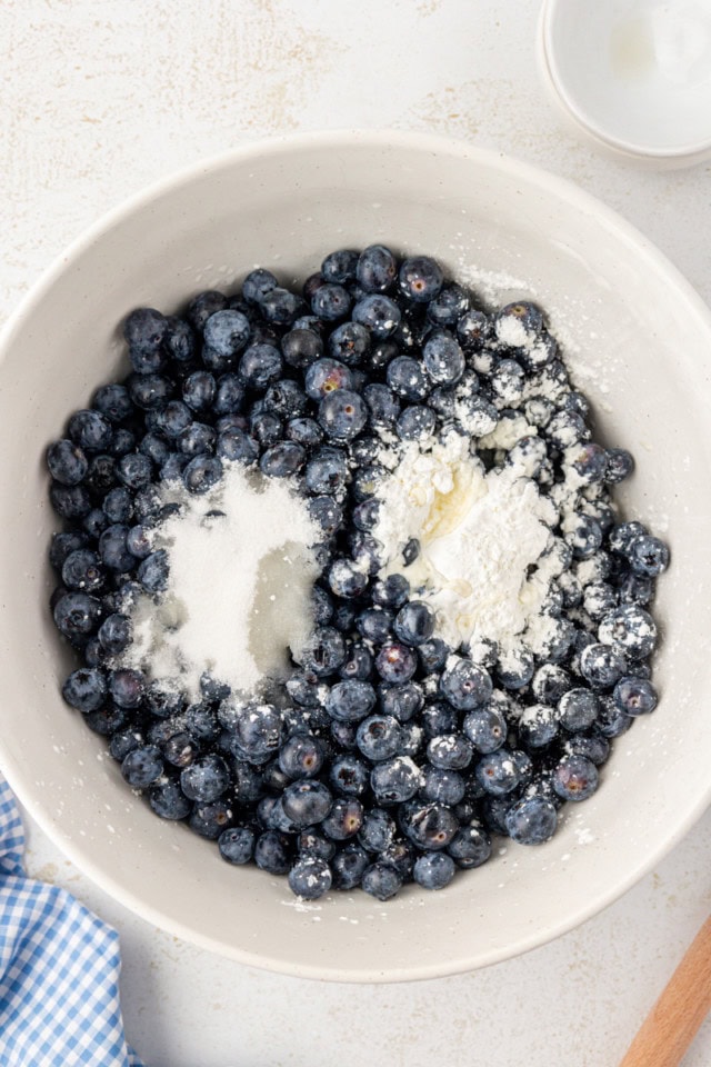 overhead view of blueberries, sugar, cornstarch, and lemon juice in a white bowl