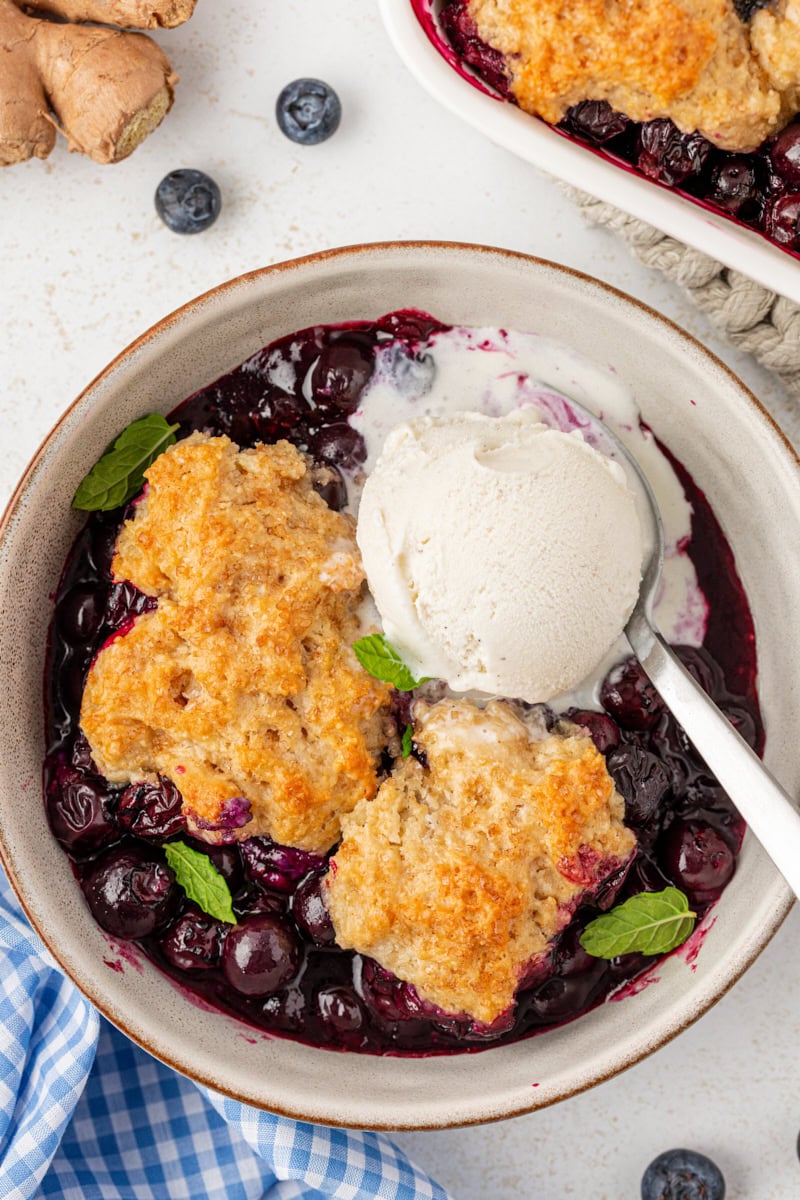 overhead view of a bowl of blueberry cobbler topped with a scoop of ice cream
