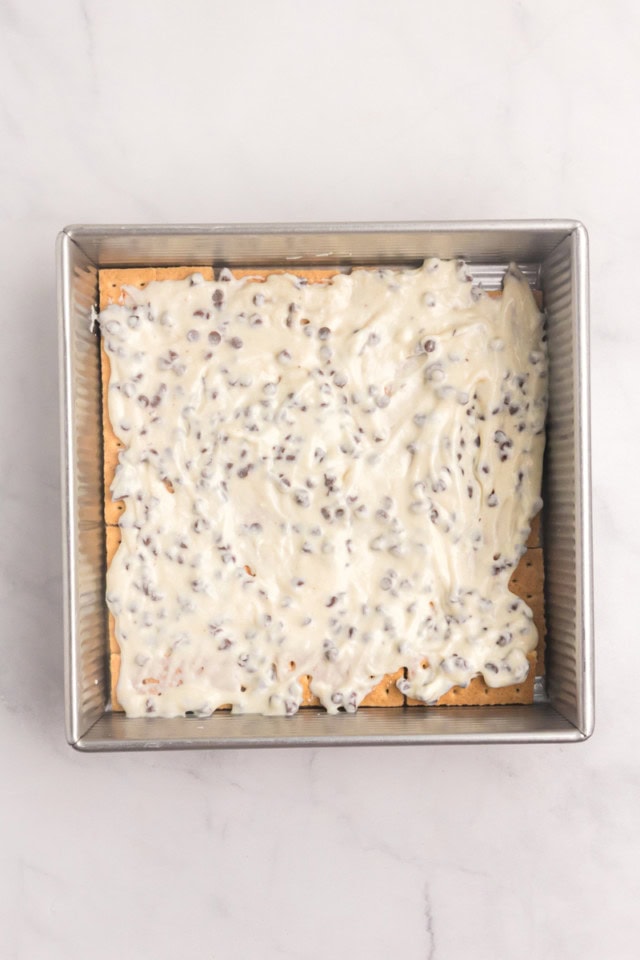 overhead view of ricotta filling spread on top of graham crackers in a square pan