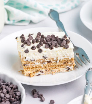 a slice of cannoli icebox cake on a white plate