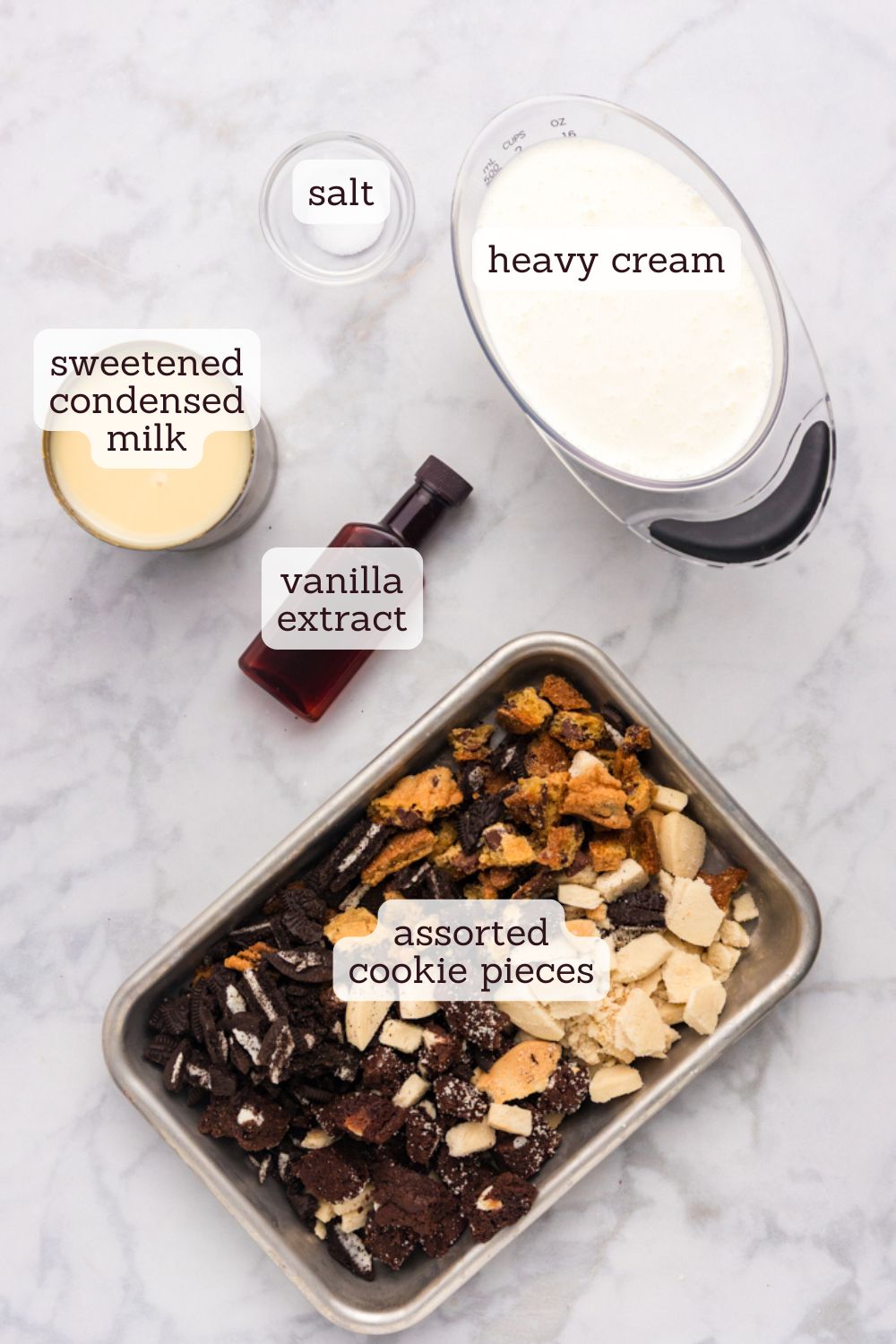 overhead view of ingredients for all the cookies ice cream
