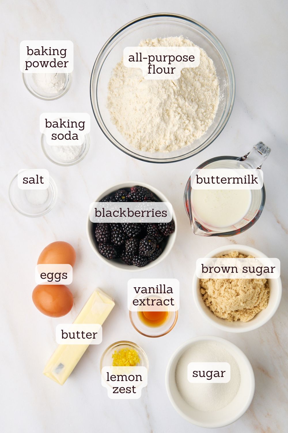 overhead view of ingredients for blackberry muffins