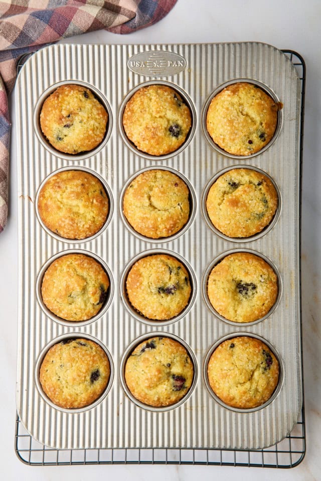 overhead view of freshly baked blackberry muffins in a muffin pan on a wire rack