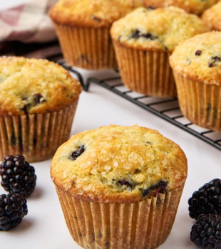 a blackberry muffin on a white countertop with more muffins on a wire rack in the background