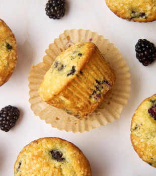 overhead view of blackberry muffins on a white countertop along with fresh blackberries