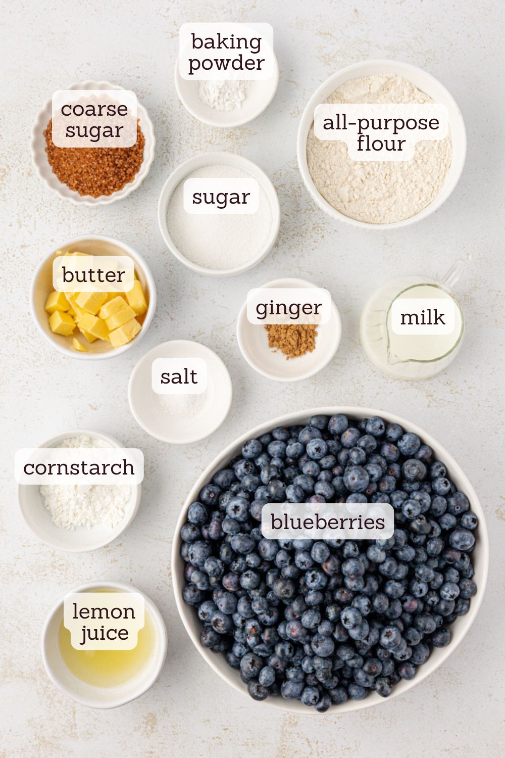 overhead view of ingredients for blueberry cobbler