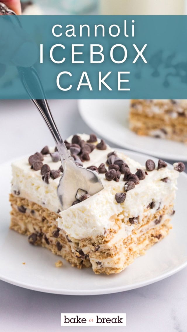 a fork cutting into a slice of cannoli icebox cake; text overlay "cannoli icebox cake"