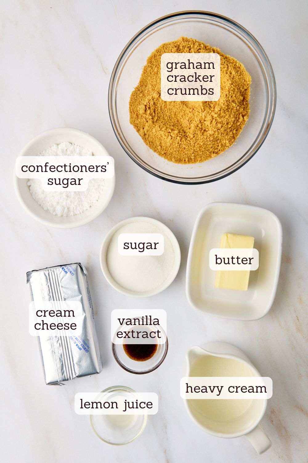 overhead view of ingredients for mini no-bake cheesecakes
