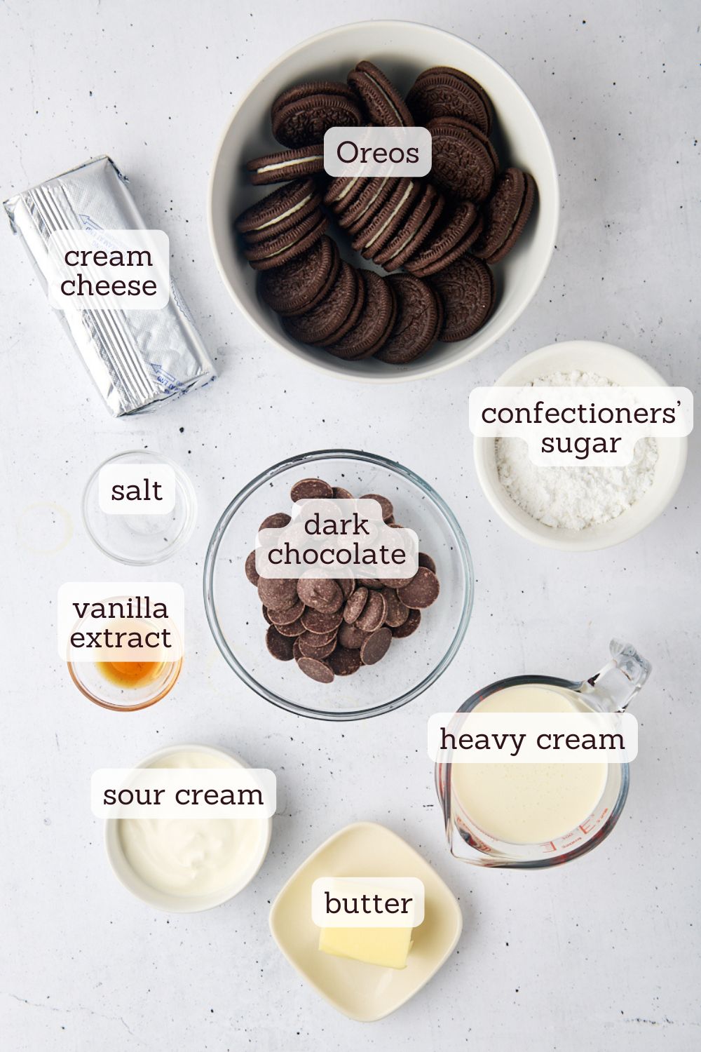overhead view of ingredients for mini no-bake chocolate cheesecakes