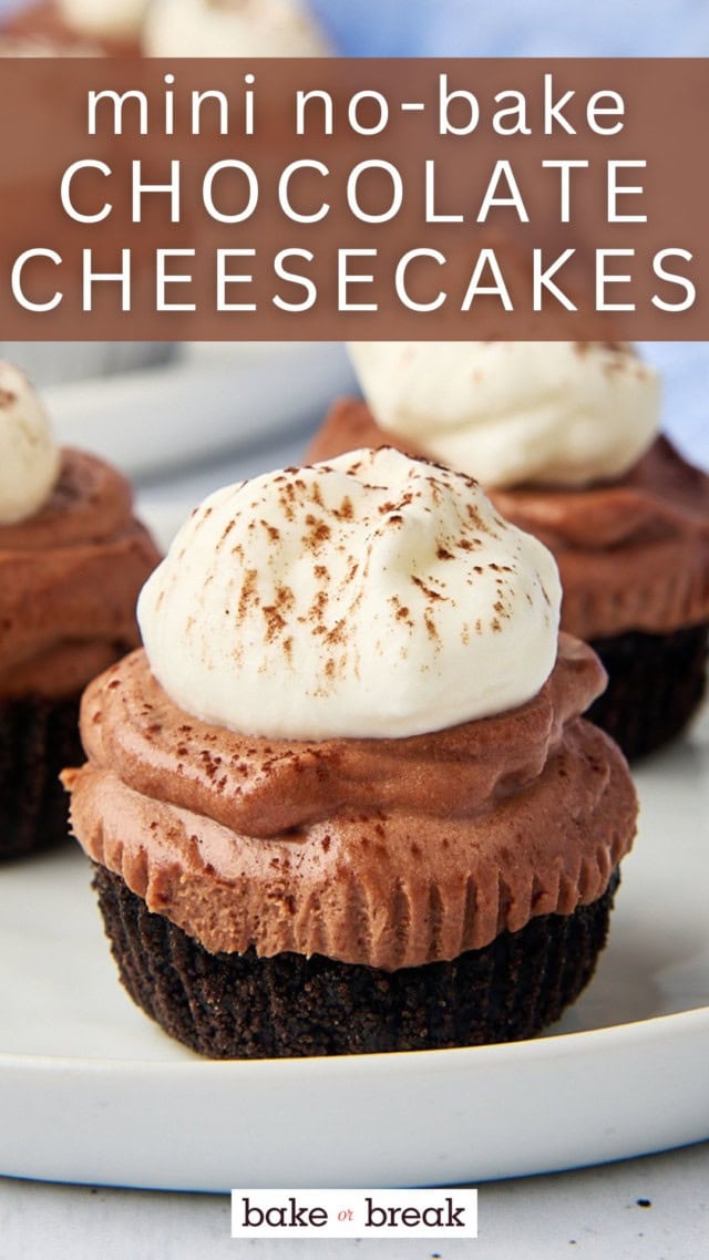 a mini no-bake chocolate cheesecake on a white plate; text overlay "mini no-bake chocolate cheesecakes"
