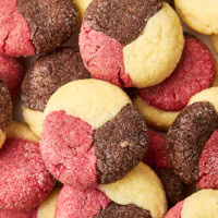 overhead view of several Neapolitan cookies piled together