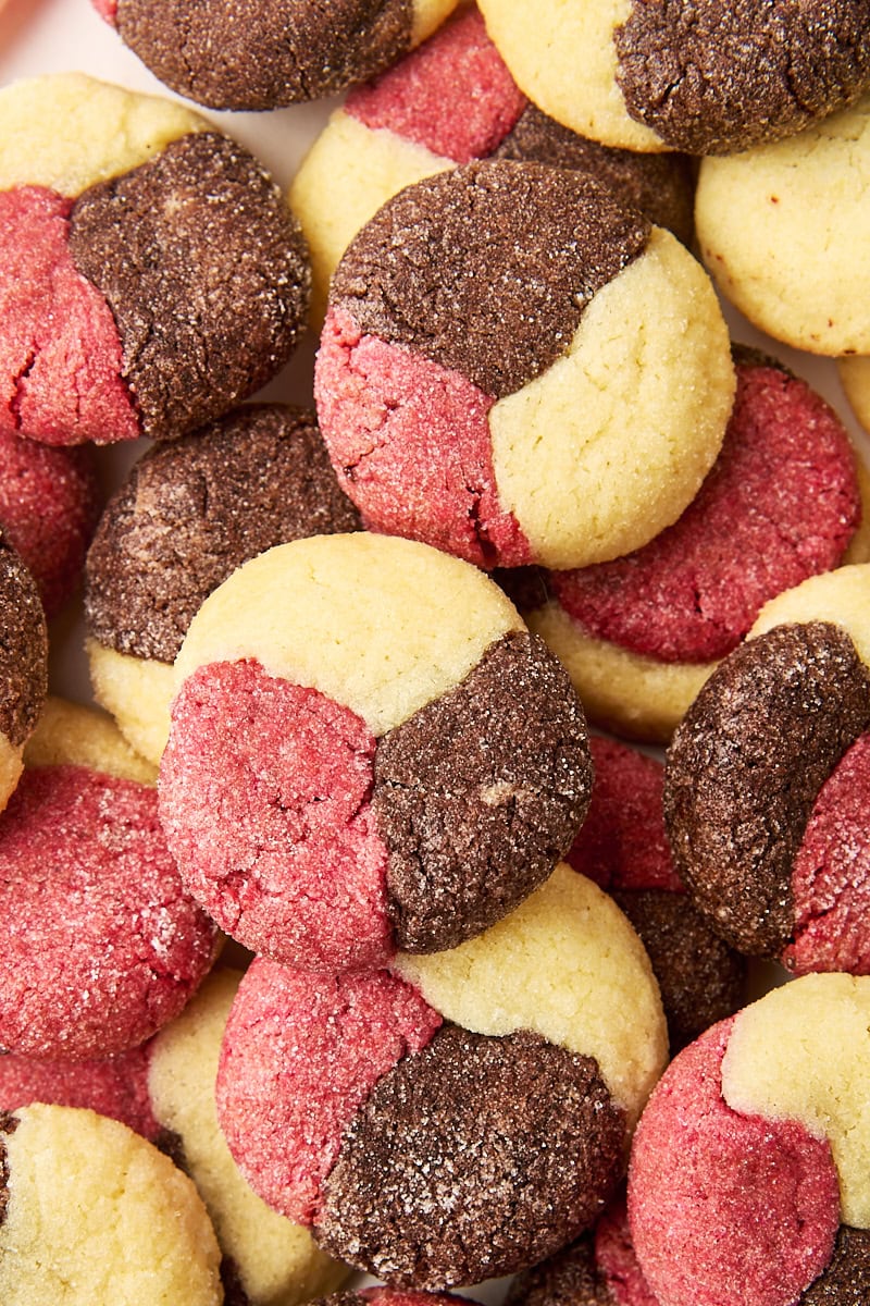 overhead view of several Neapolitan cookies piled together