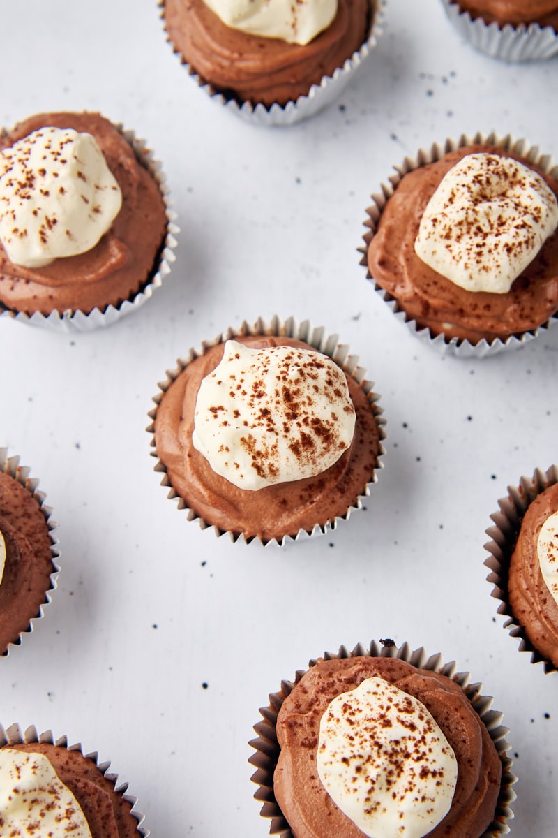 overhead view of mini no-bake chocolate cheesecakes topped with whipped cream and cocoa powder