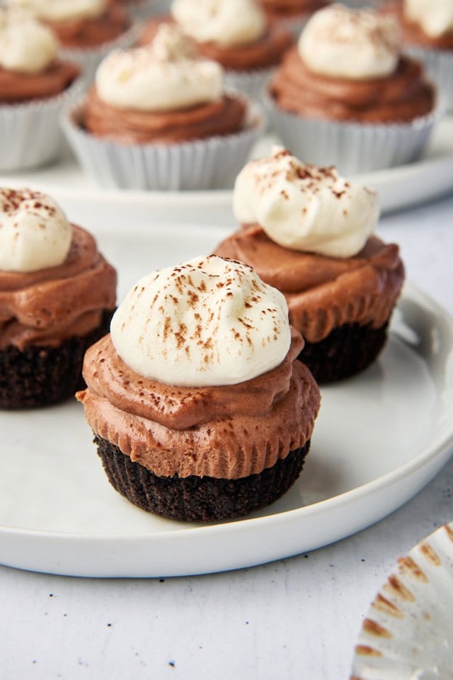 three mini no-bake chocolate cheesecakes on a white plate with more cheesecakes in the background