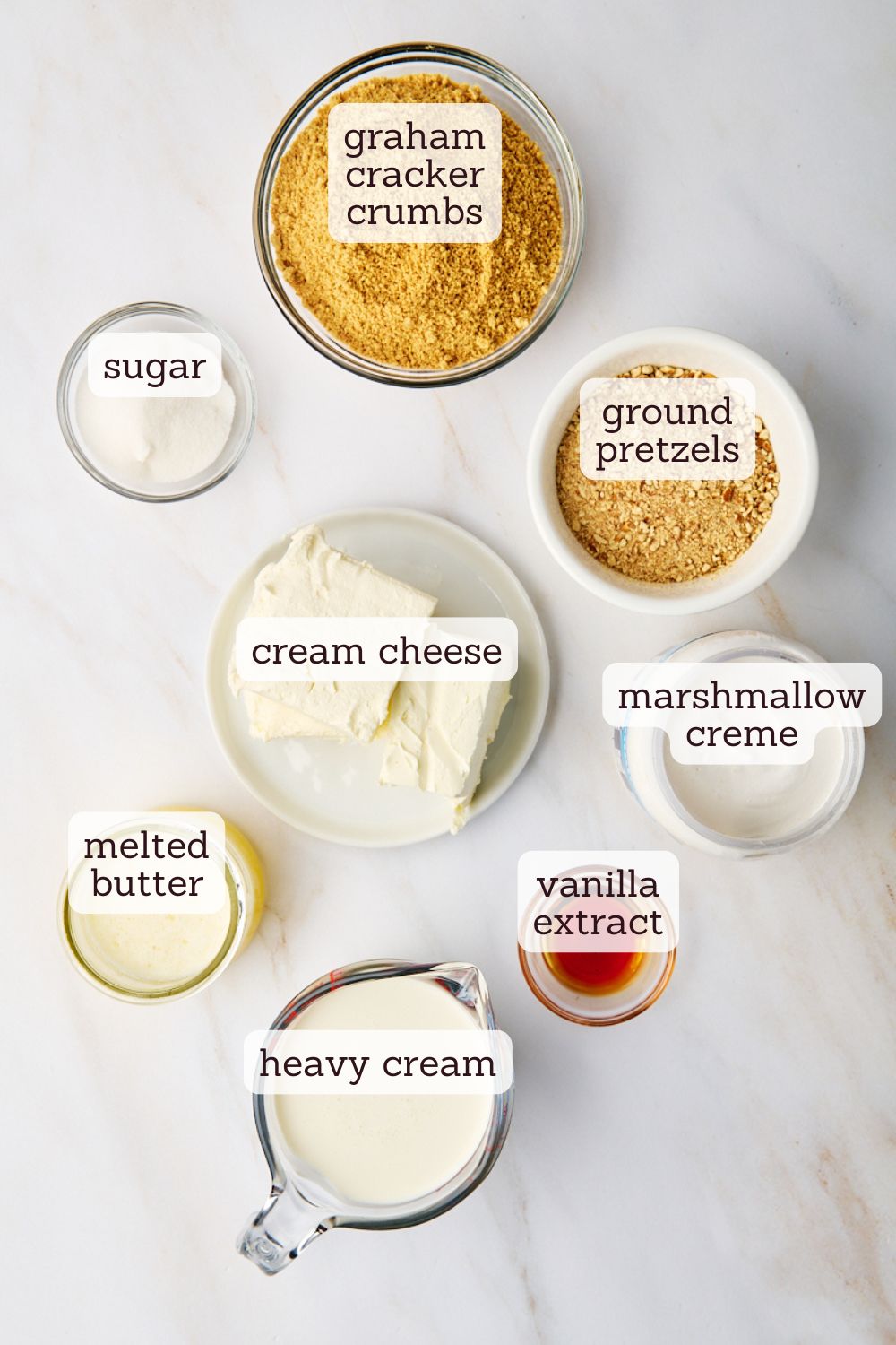 overhead view of ingredients for no-bake marshmallow cheesecake
