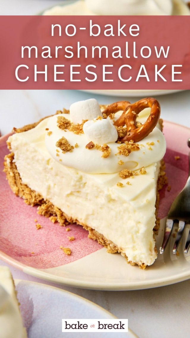 a slice of no-bake marshmallow cheesecake on a pink and white plate; text overlay "no-bake marshmallow cheesecake"