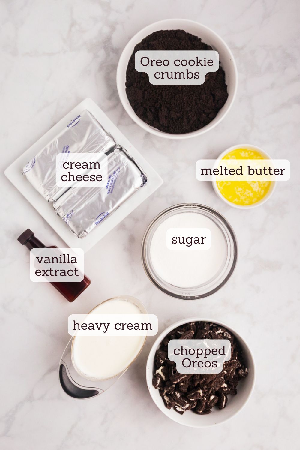 overhead view of ingredients for Oreo cheesecake bars