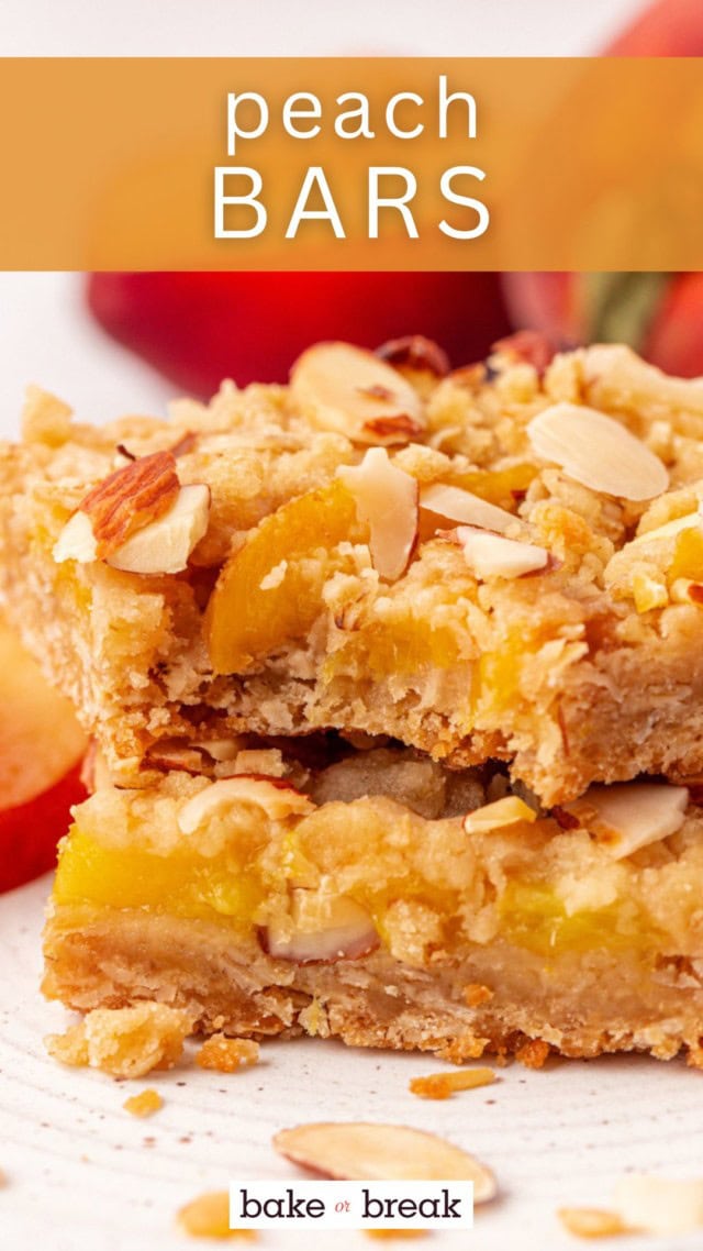 stack of two peach bars with a bite missing from the top one; text overlay "peach bars"