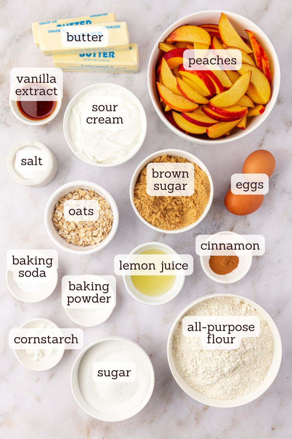 overhead view of ingredients for peach coffee cake