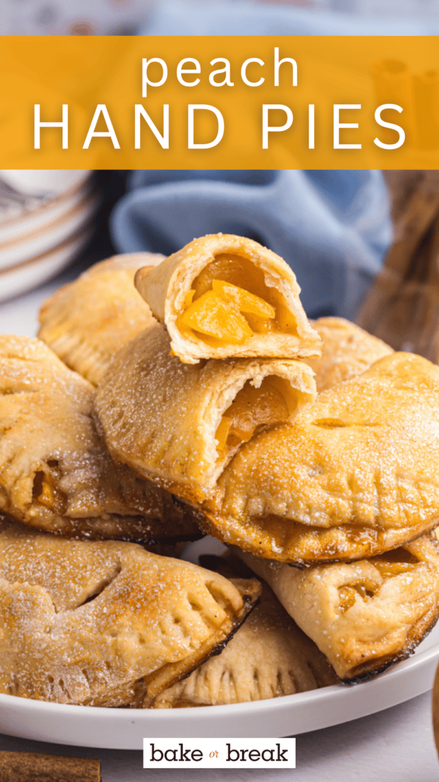 peach hand pies in a piled stack on a plate; text overlay "peach hand pies"