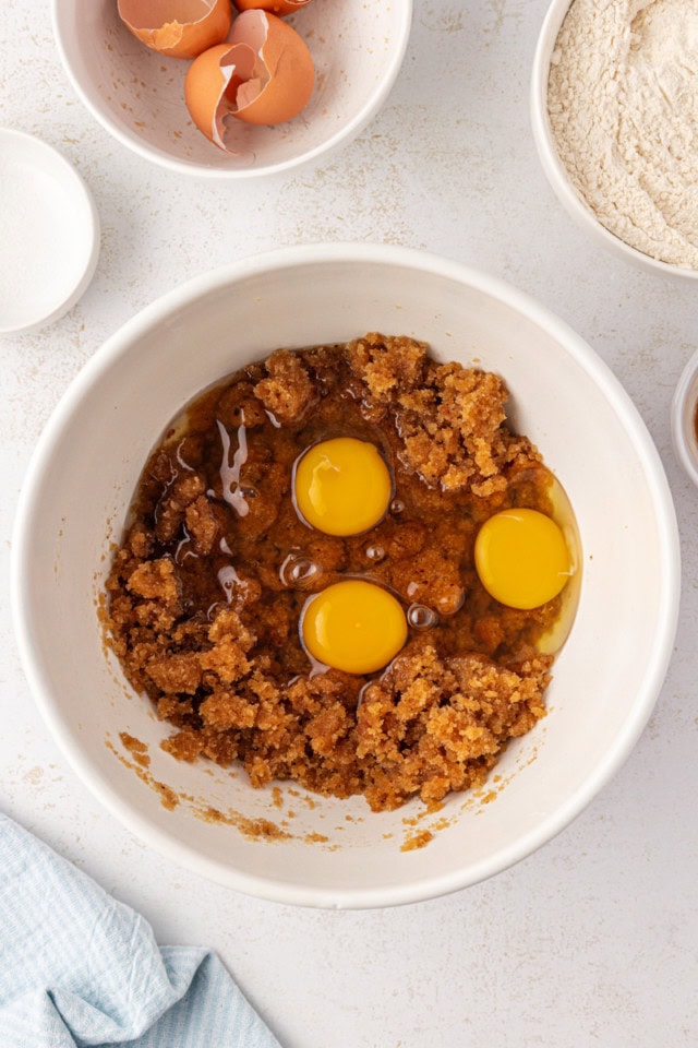 overhead view of eggs added to blondie batter