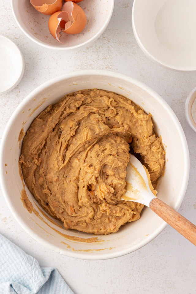 overhead view of brown butter blondie batter in a white mixing bowl