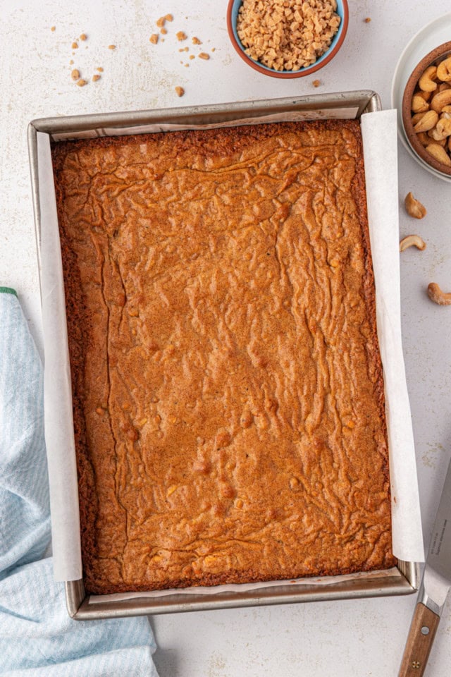 overhead view of freshly baked brown butter blondies in a 9x13 pan